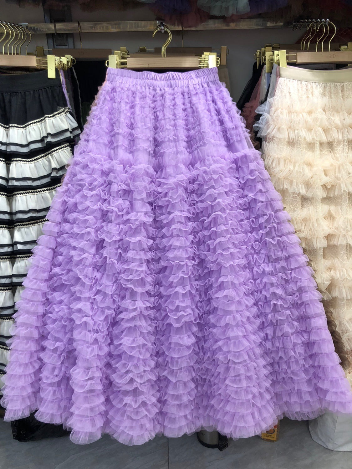 New Colorful Sweet Age-reducing Pleated Solid-color Mesh Midi Puff Skirt