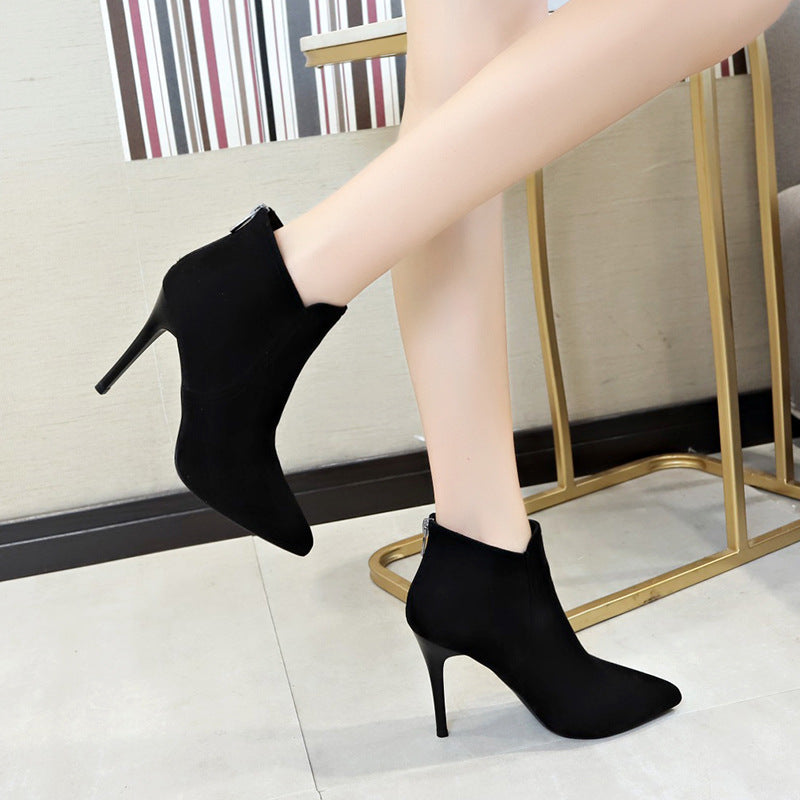 Short boots women's high heel slim heel pointed back zipper Plush boots