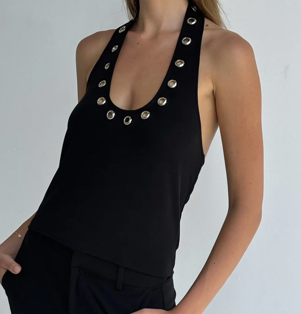 Metal Hollow-hole Design Sense Halter Spaghetti Straps Vest