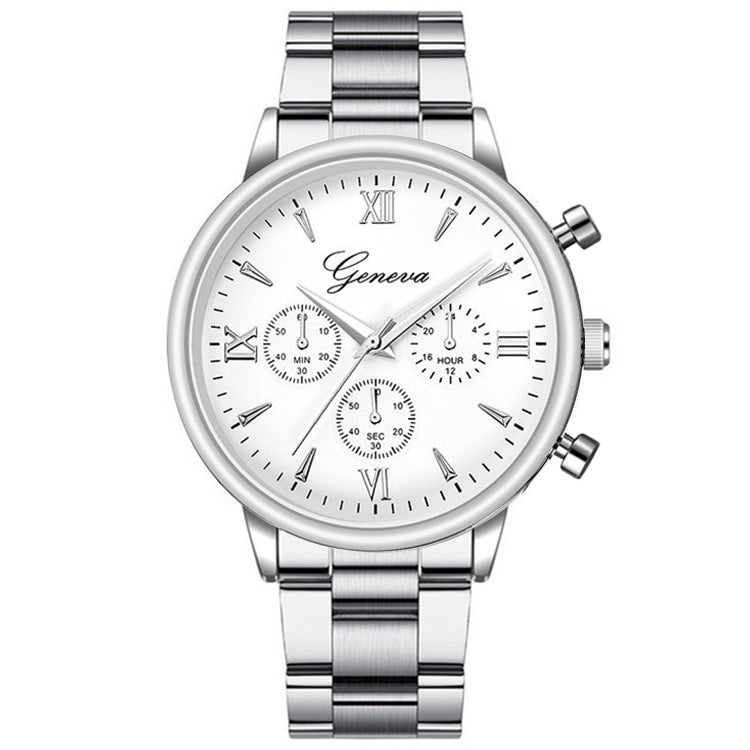 Three - eye quartz watch with steel belt