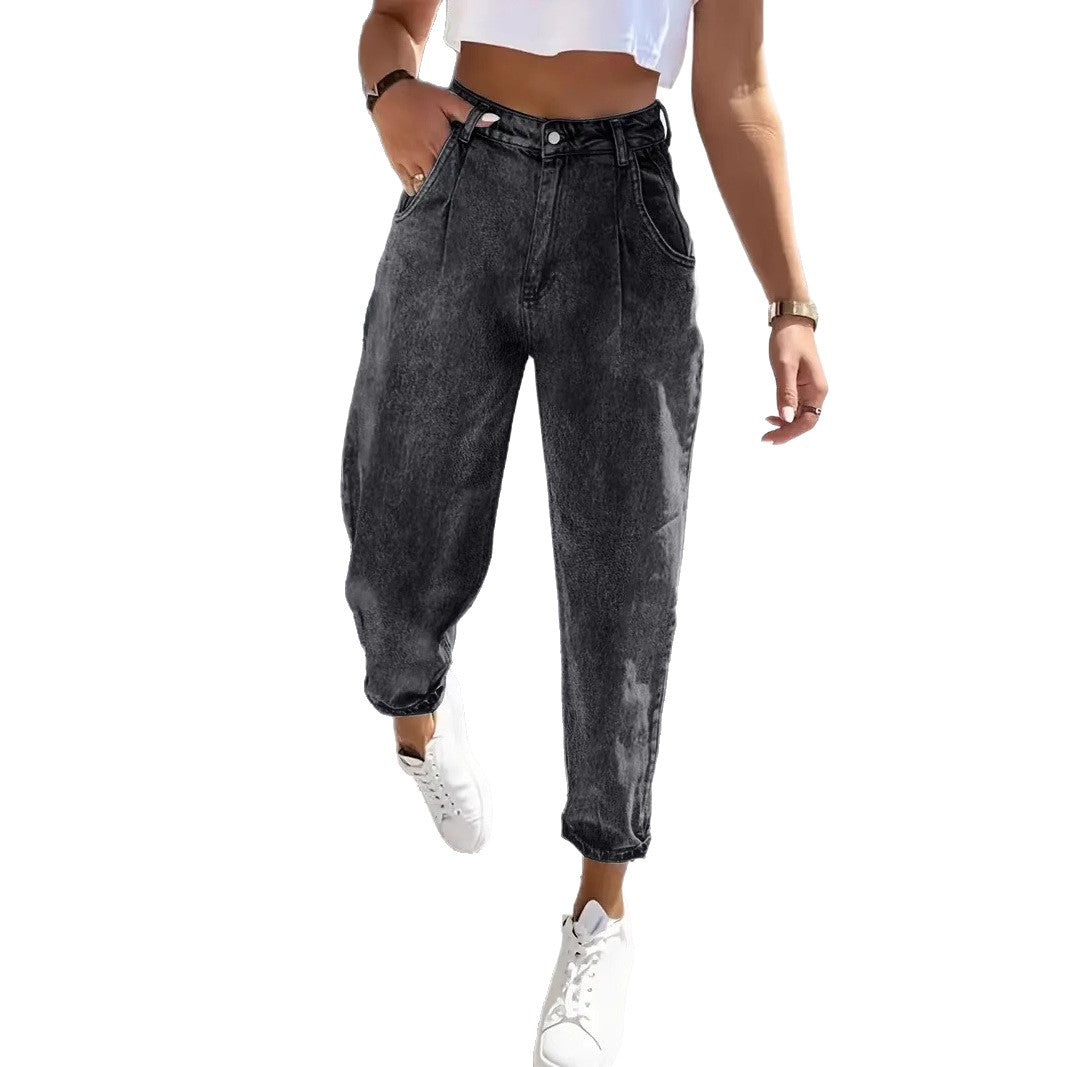 Plus Size Women's Fashion Stretch Tapered Pants Retro Washed Denim