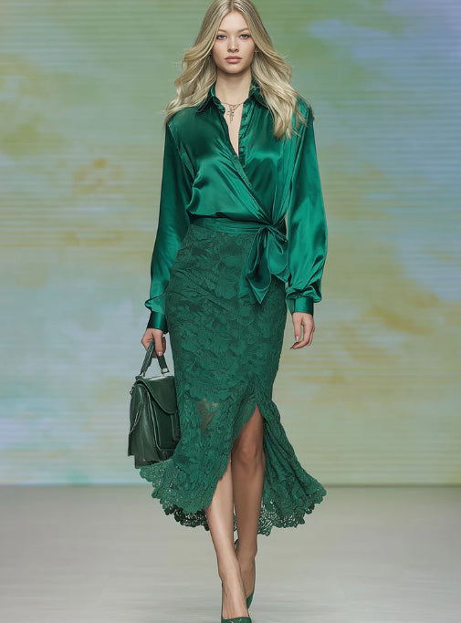 Stylish And Elegant Green Satin Blouse And Lace Skirt Set