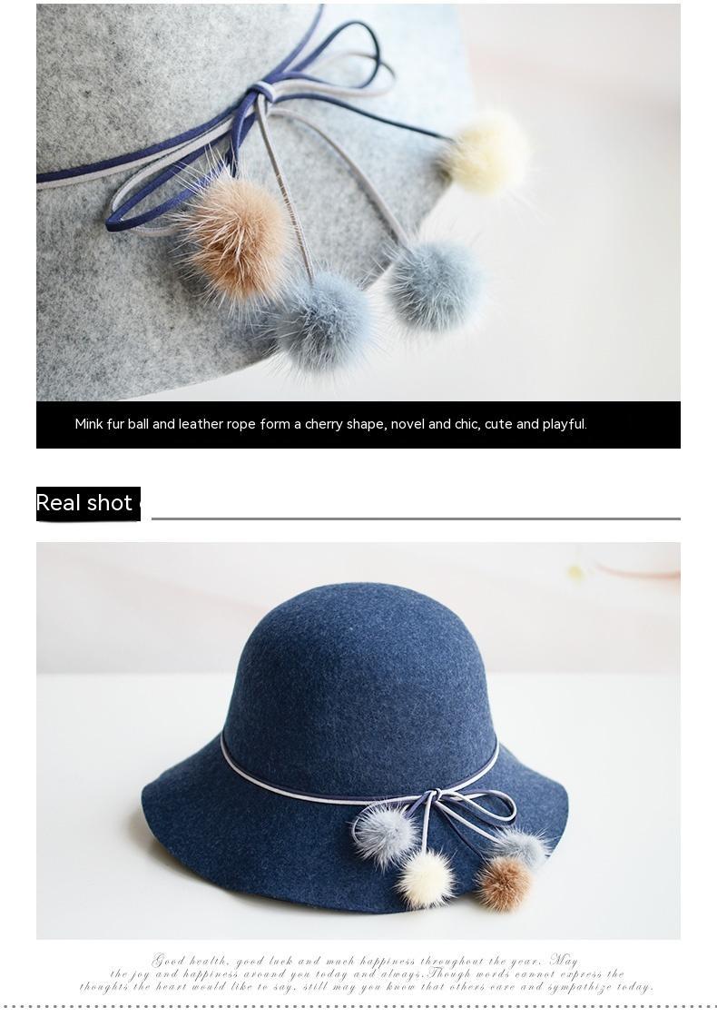 Woolen Warm Fisherman Hat Korean All-matching Basin Hat Lady Felt Cap Mink Fur Ball Billycock