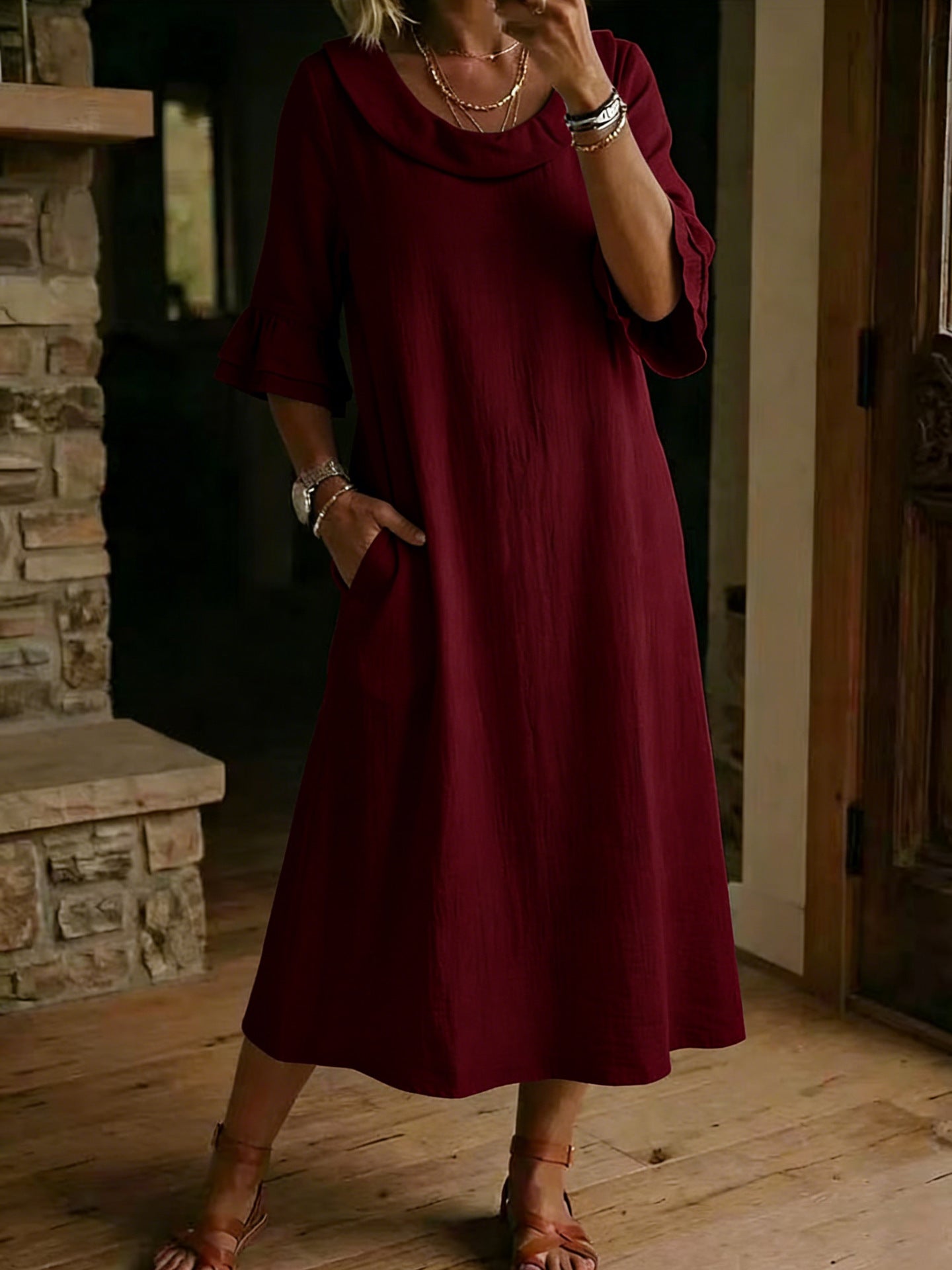 Women's Fashion Solid Color Crew Neck Dress