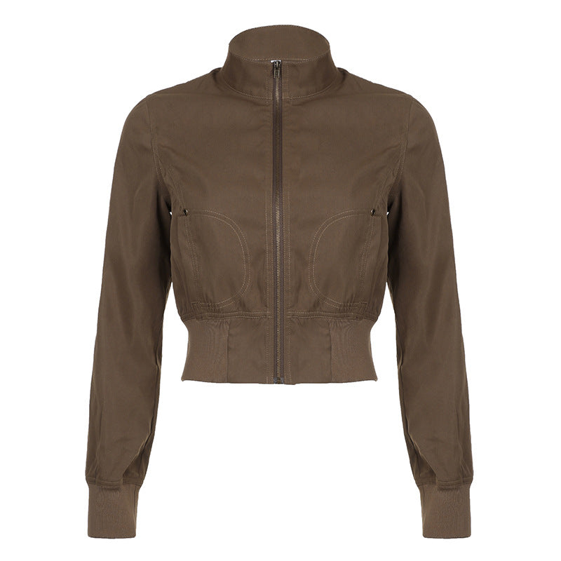 Retro Waist-controlled Zipper Stand-up Collar Jacket
