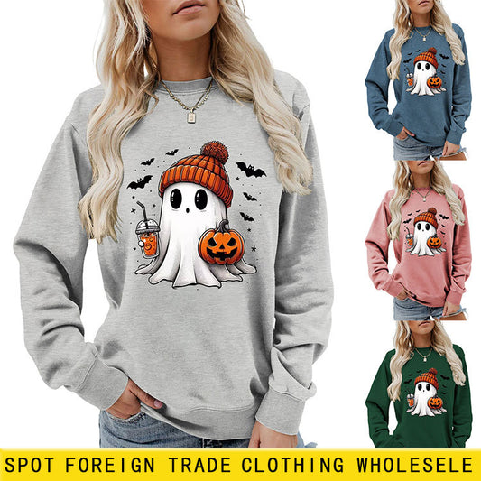 Mode Langærmet Milk Tea Græskar Flagermus Printet Rundhals Sweatshirt
