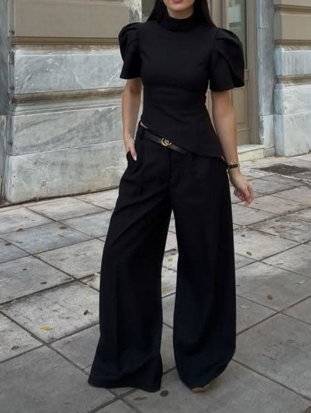 Black Turtleneck Puff Sleeve Waist-Cinched Top & High Waist Wide-Leg Pants Set