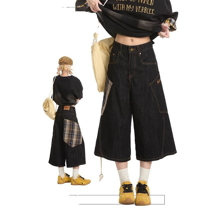 Plus Size Retro Plaid Stitching Machete Denim Shorts