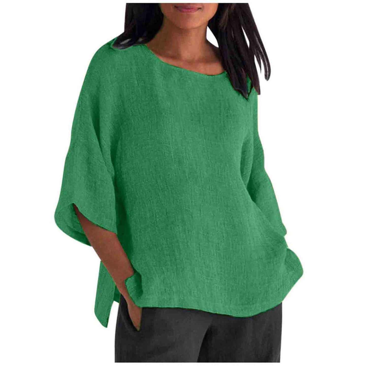 Womens Casual Crew-neck Cotton-linen Shirt Top