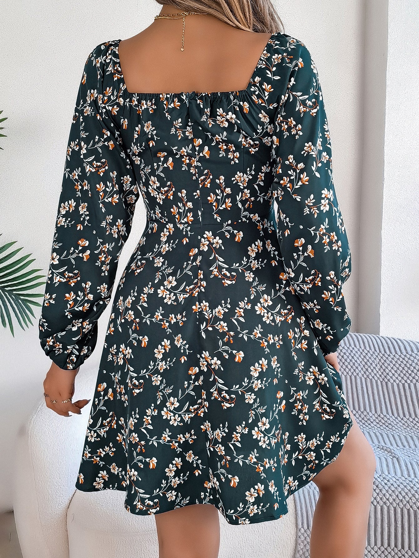 Women's Casual Sexy Tie Waist Square Neck Floral Print Long Sleeve A-Line Dress