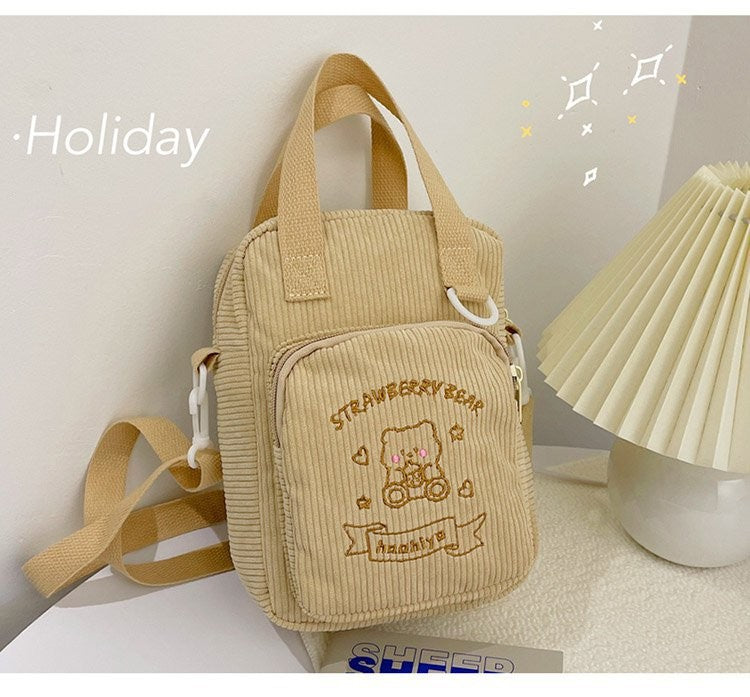 Cute Embroidery Bear Soft Sister Student Corduroy Hand Crossbody Bag