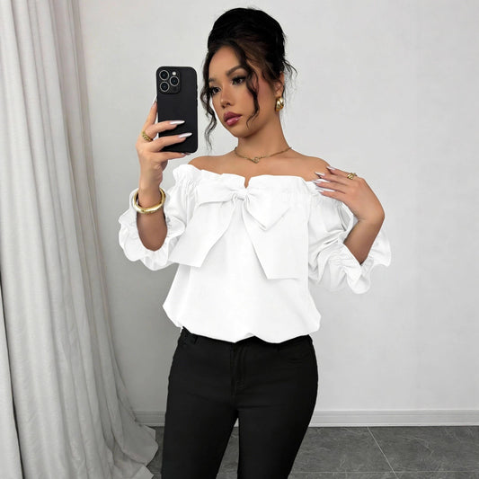 Womens Boat-neck Top With Ruffled Edges And A Bow Detail