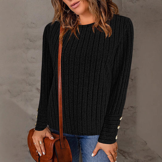Pullover Round Neck Fashion Long Sleeve Button Top