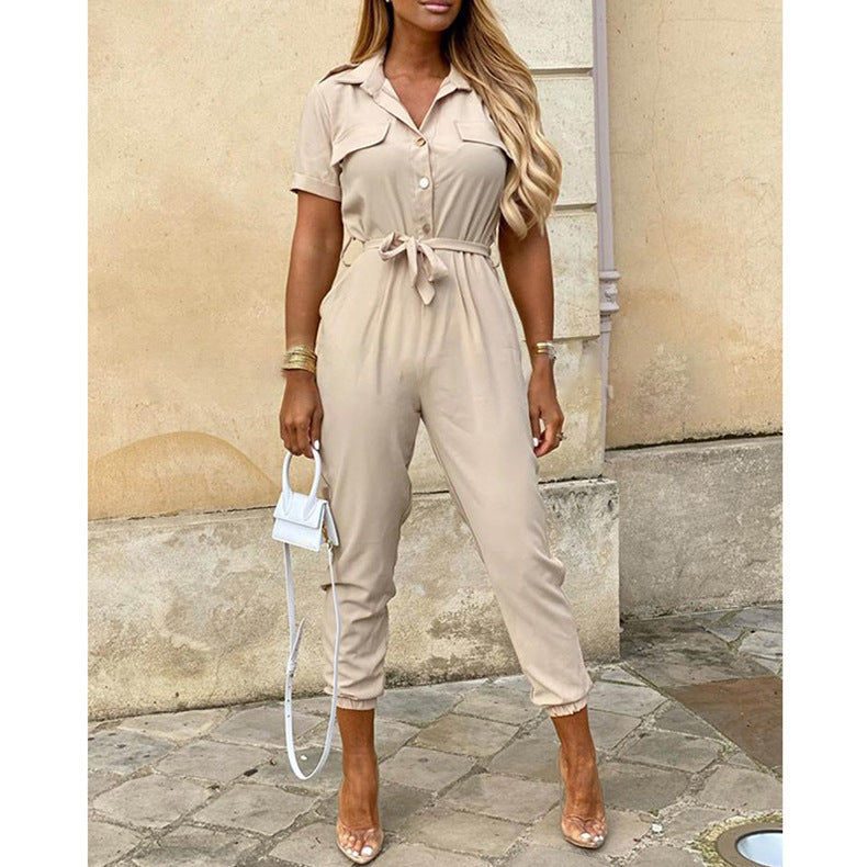 Casual Lapel Button Print Belt Cargo Jumpsuit