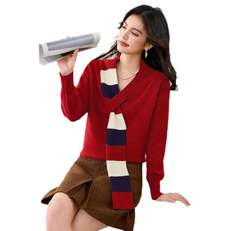 Niche Stribet V-hals Sweater Dame Alsidig Falsk Todelt Frakke