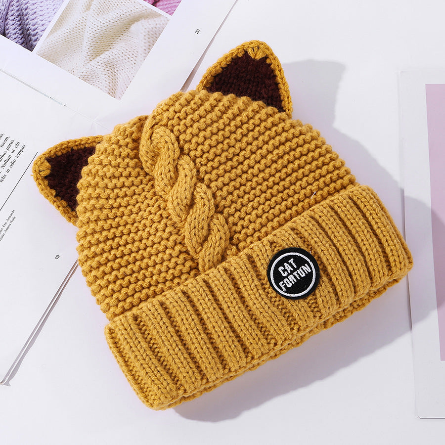 Female Cute Fleece Lined Cat Ears Woolen Cap