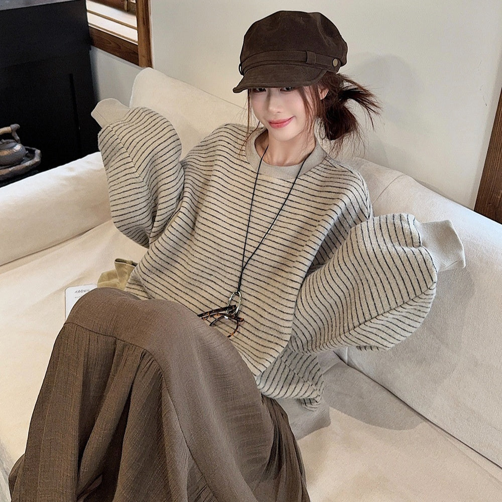 Women's High-grade Round Neck Sweater Vintage Stripe Loose Casual