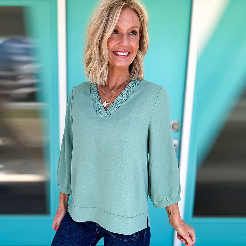 Solid Color And V-neck Women's Loose Casual Chiffon Shirt Top