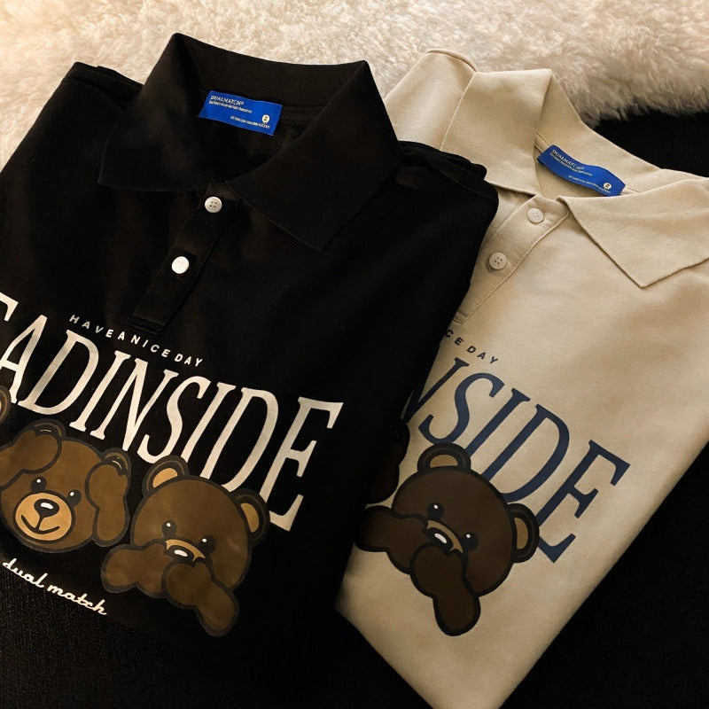 Women's Loose Cotton Three Bear Lapel Polo Shirt Sweater
