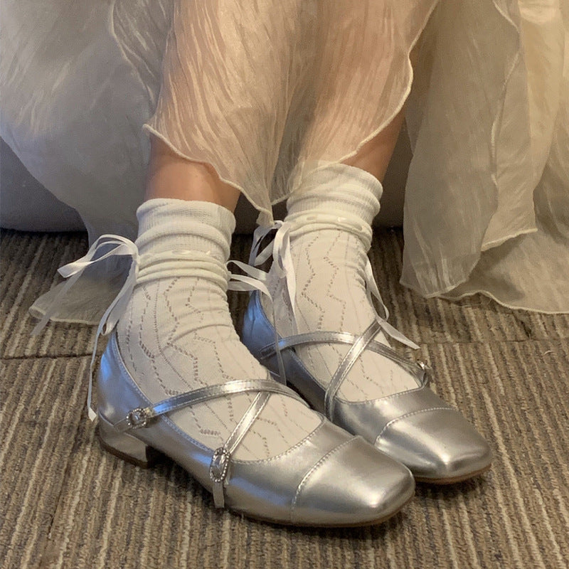 Silver Ballet French Mary Jane Square Toe Low Heel Shoes