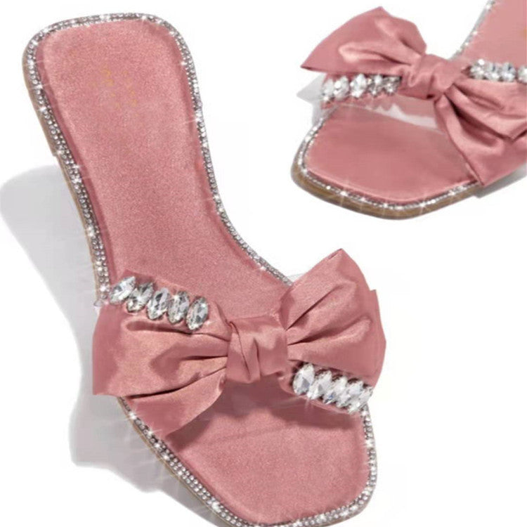 Flat Slippers With Big Rhinestone Bow