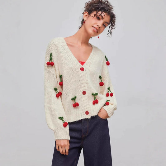 Cherry Decorative Single-breasted Knitted Coat Top Women