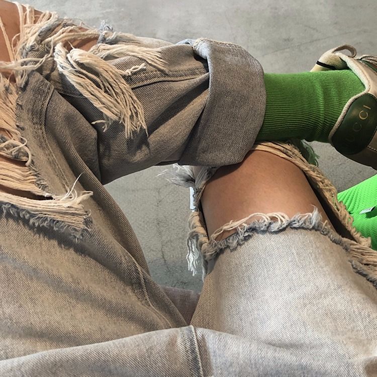 Dame Ripped Wide Leg Jeans Straight High Waist