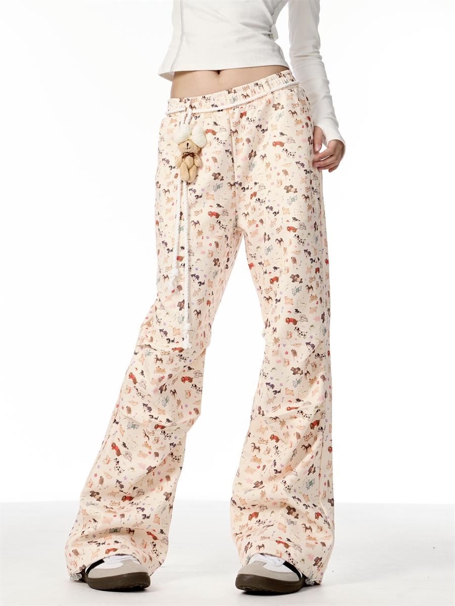 American Hand Drawn Puppy Full Printed Casual Pants Cute Doll Drooping Wide-leg Pants Female
