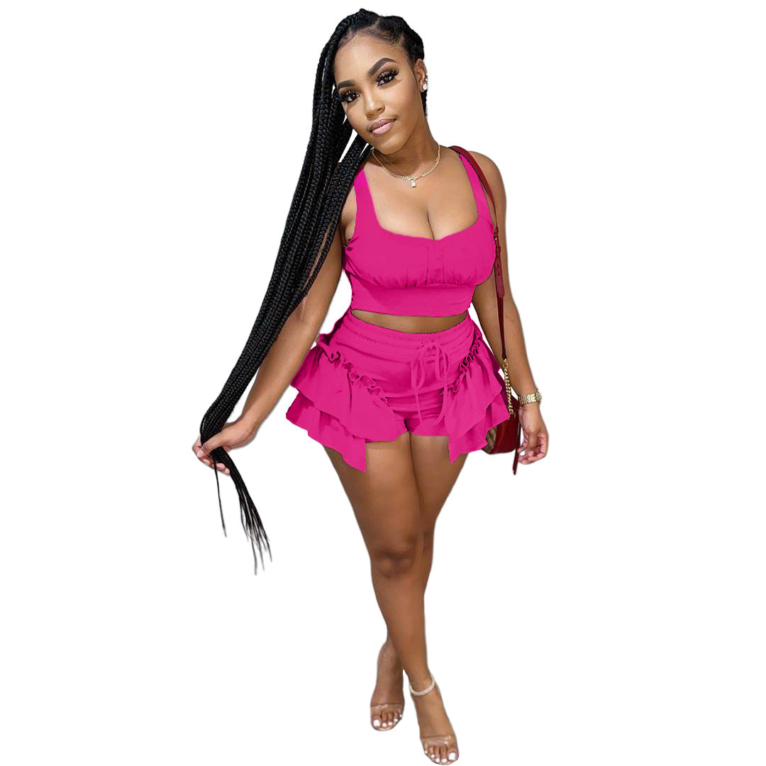 Nightclub Clothes Two-piece Suit Of Solid Color Vest And Shorts With Wooden Ears