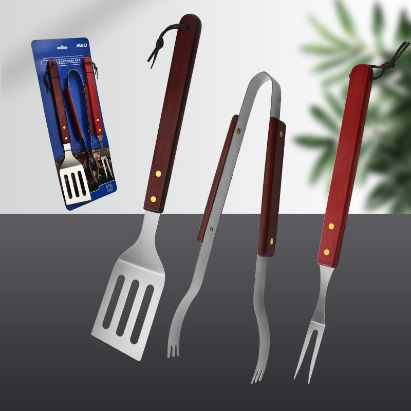 BBQ Tool Three-piece Set Stainless Steel Wooden Handle Shovel Fork Tongs