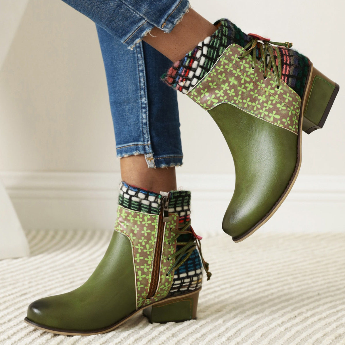 Mid-heel Round Toe 40-43 Side Zipper Low Tube Color Matching Women's Boots