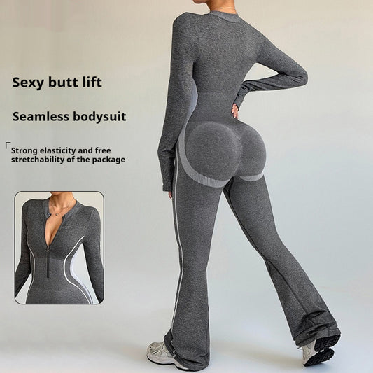 Frosted Contrasting Color Zipper Stand Up Collar Yoga Outdoor Sports Bootcut Jumpsuit With Butt Lifting Design