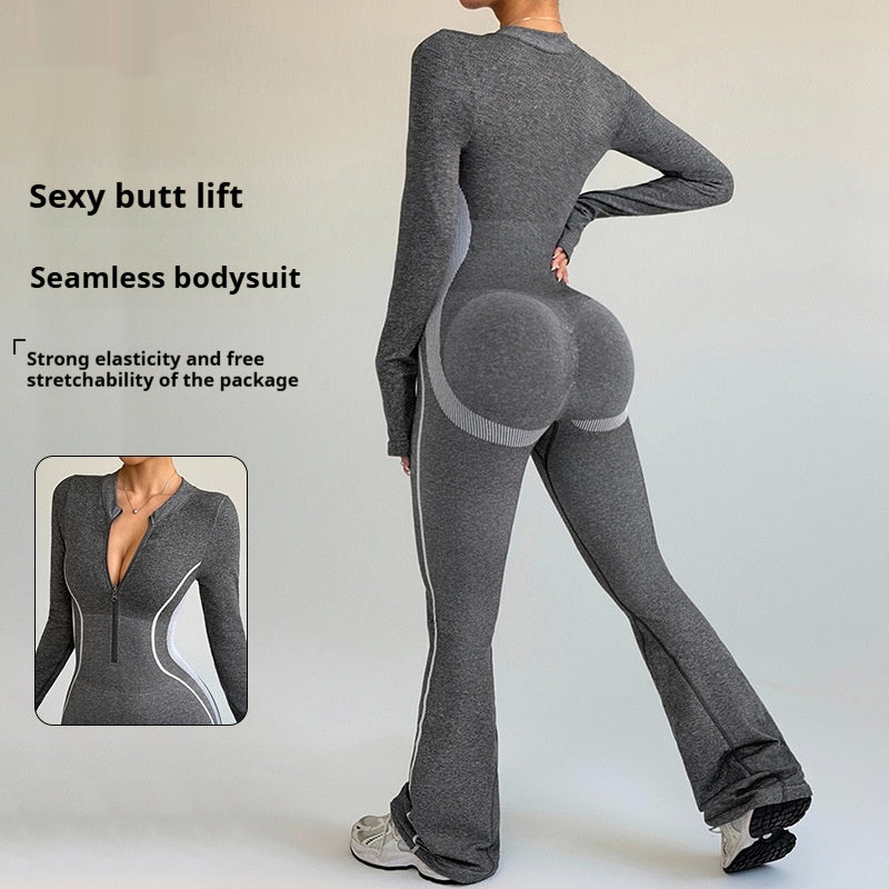 Frosted Contrasting Color Zipper Stand Up Collar Yoga Outdoor Sports Bootcut Jumpsuit With Butt Lifting Design