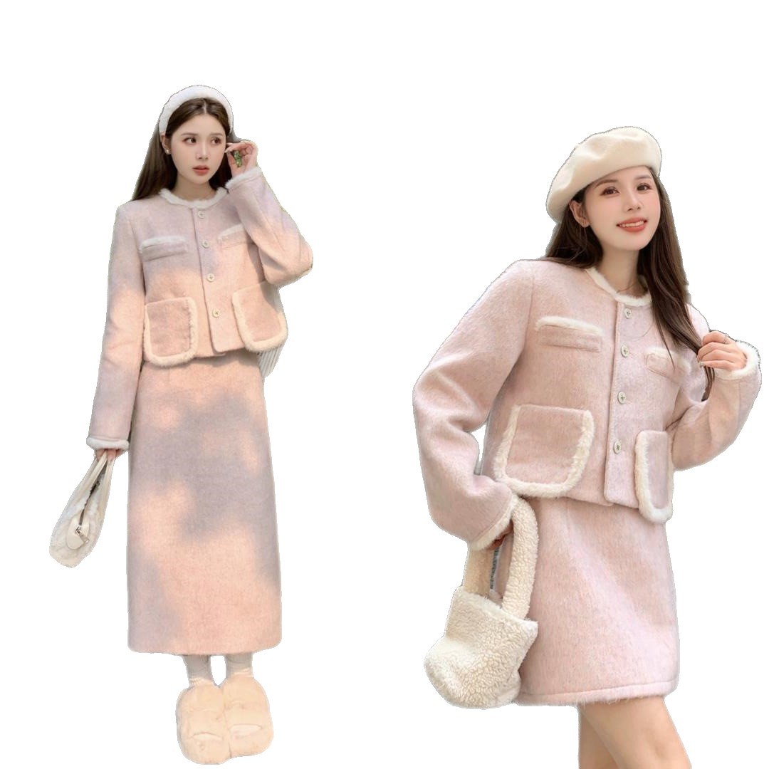 Womens Stylish Plush Short Coat And Skirt Set