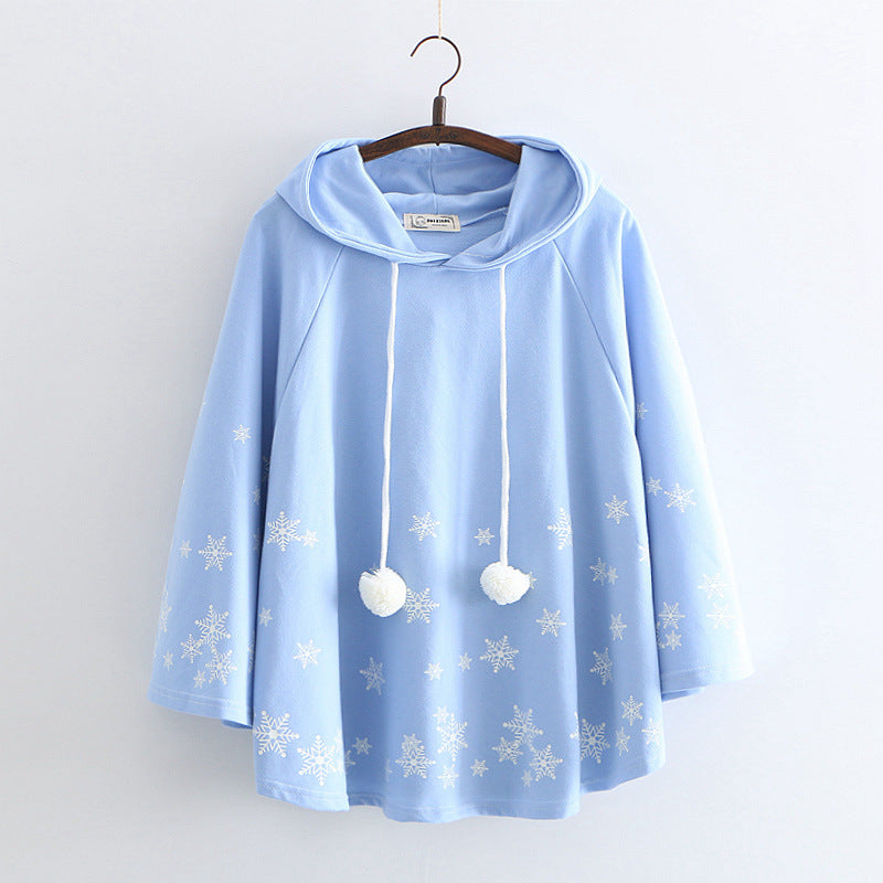 Japanese College Style Cartoon Snowflake Print Hooded Pullover