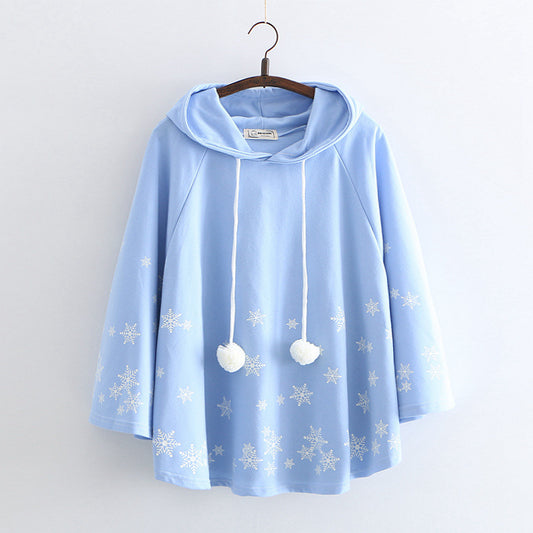 Japanese College Style Cartoon Snowflake Print Hooded Pullover