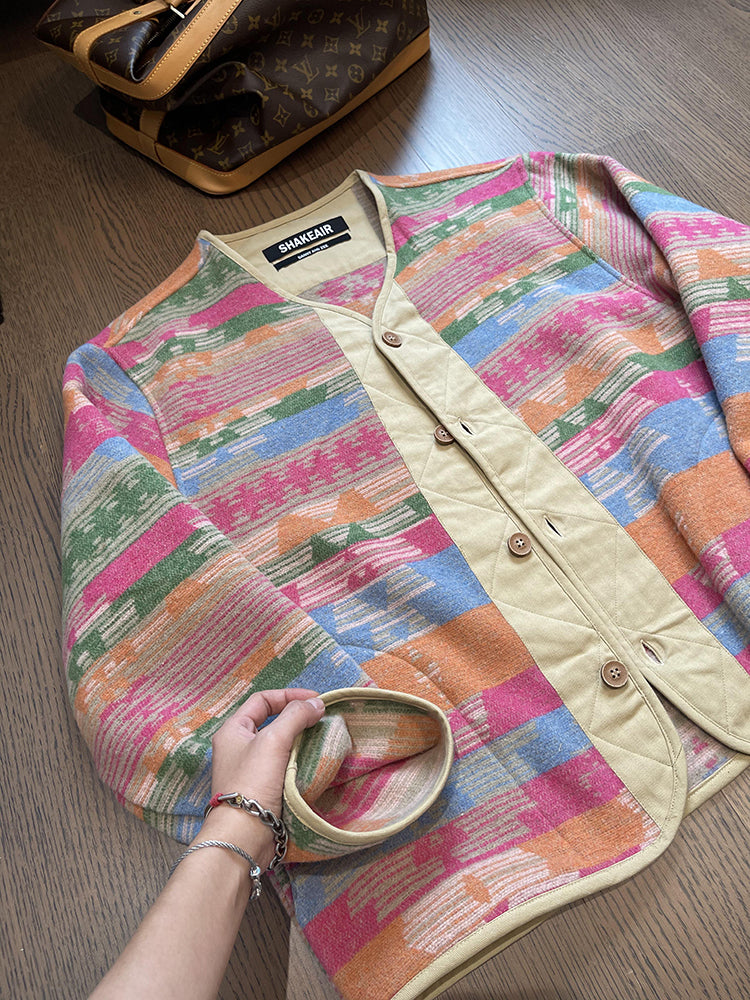 Retro Loose Ethnic Style Contrast Color Woolen V-neck Buttons Rainbow Jacket For Men