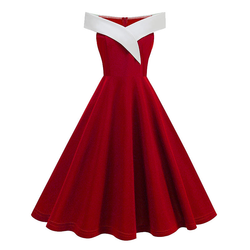Womens Retro Off-the-Shoulder Sleeveless Contrast-Color Formal Dress
