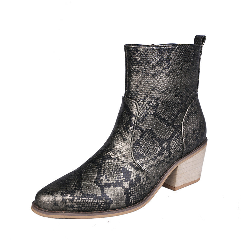 Snake Print Square Toe Thick Heel Sexy Short Boots With Side Zipper