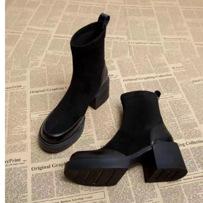 Thick Bottom Chunky Heel Real Soft Leather Round Toe Retro Socks Boots For Women
