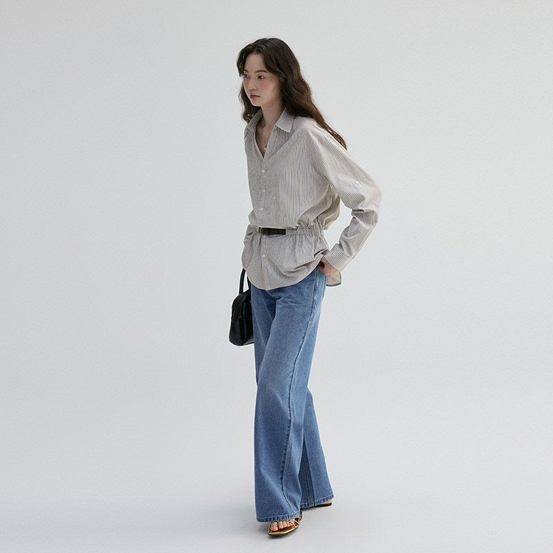 V-neck Waist-cinching Striped Loose Shirt For Women