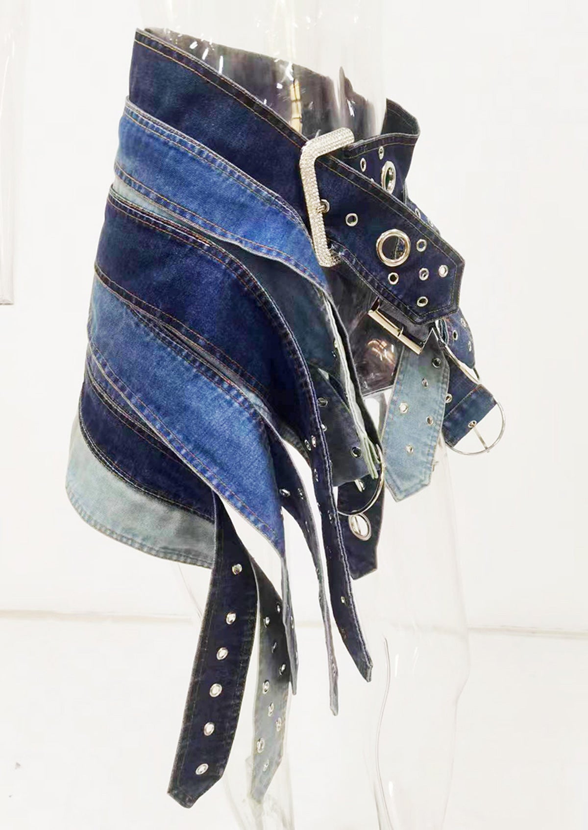Heavy Washed Antique Silver Japanese Buckle Belt Mini Low Waist Denim Skirt