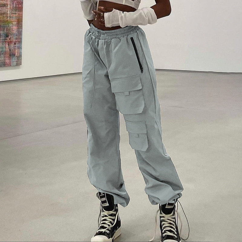 High Waist Straight Tube Pocket Overalls Casual Trousers
