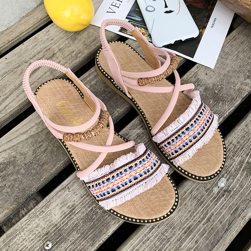 Flat Sandals, All-match One-word Buckle Strap, Fairy Ethnic Style Slope With Roman Sandals