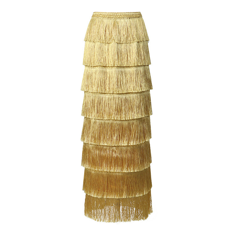 Fashionable Tassel-trimmed Layered Solid-color High-waisted Long Skirt