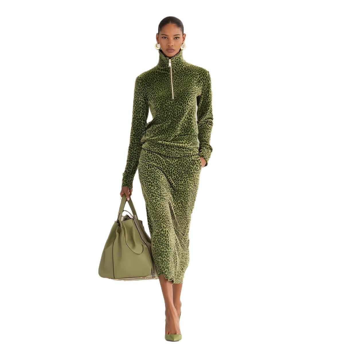 Womens Sporty Leopard-print Stand-collar Long-sleeve Top And Skirt Two-piece Set