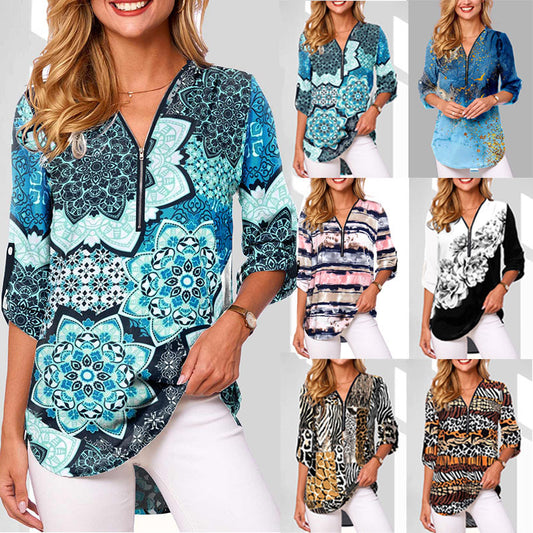 V-neck Zipper Long Sleeve Rollable Sleeves Loose Shirt