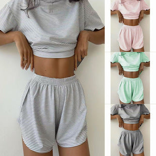 Women's Casual Crew-Neck Short-Sleeve Top And Shorts Set