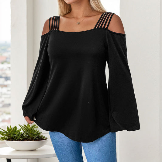 Enkel og elegant T-shirt, off-shoulder design, stilfuld langærmet