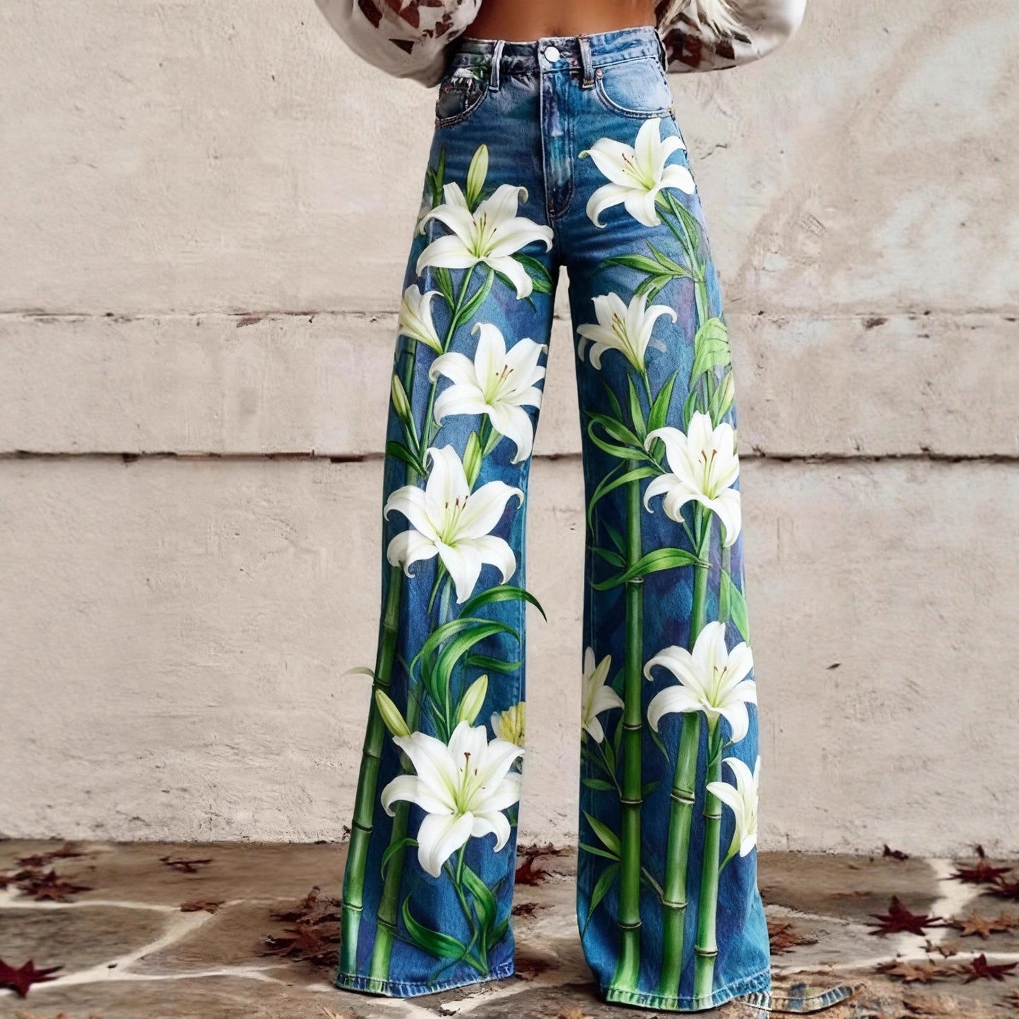 Floral-patterned Slim-fit Faux Denim Wide-leg Pants